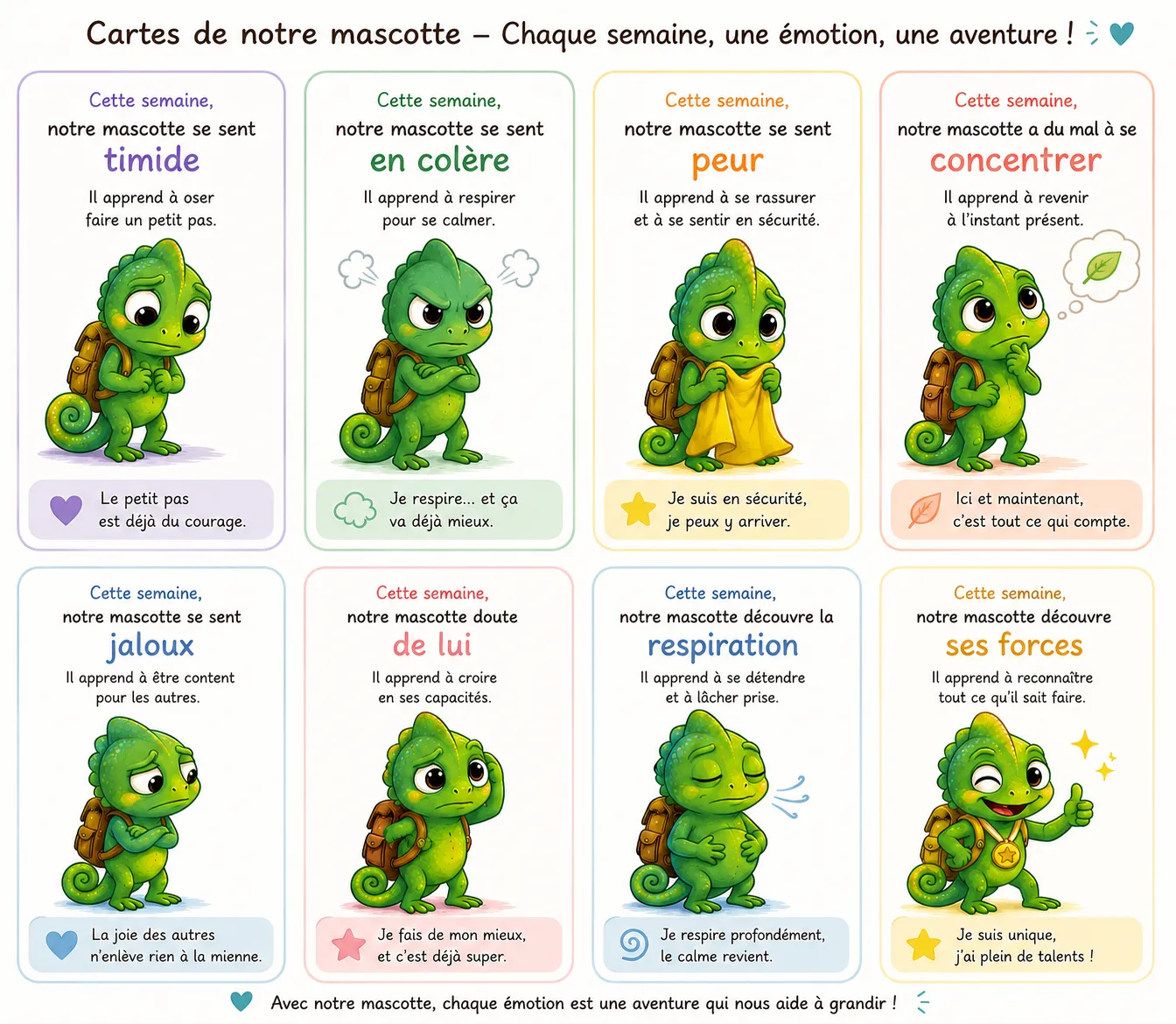 Planche des cartes du caméléon : timide, en colère, jaloux, qui a peur, qui n’arrive pas à se concentrer…