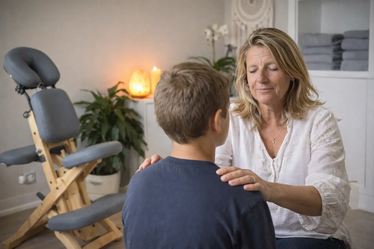 Nathalie guide un enfant pendant un exercice de détente