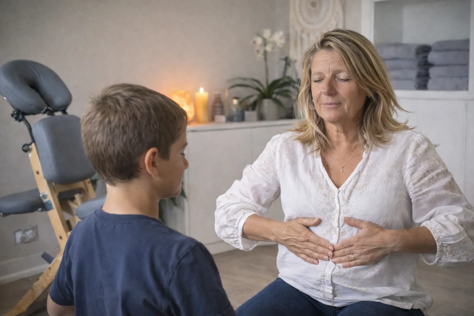 Nathalie montre un exercice de respiration à un jeune garçon, les mains posées sur le ventre